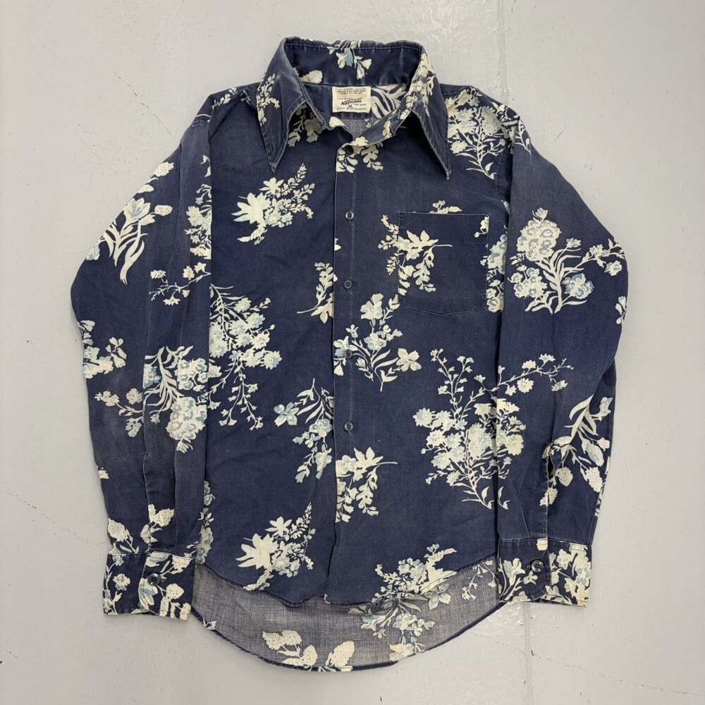 Vintage 60s National Blue Floral Pattern Shirt